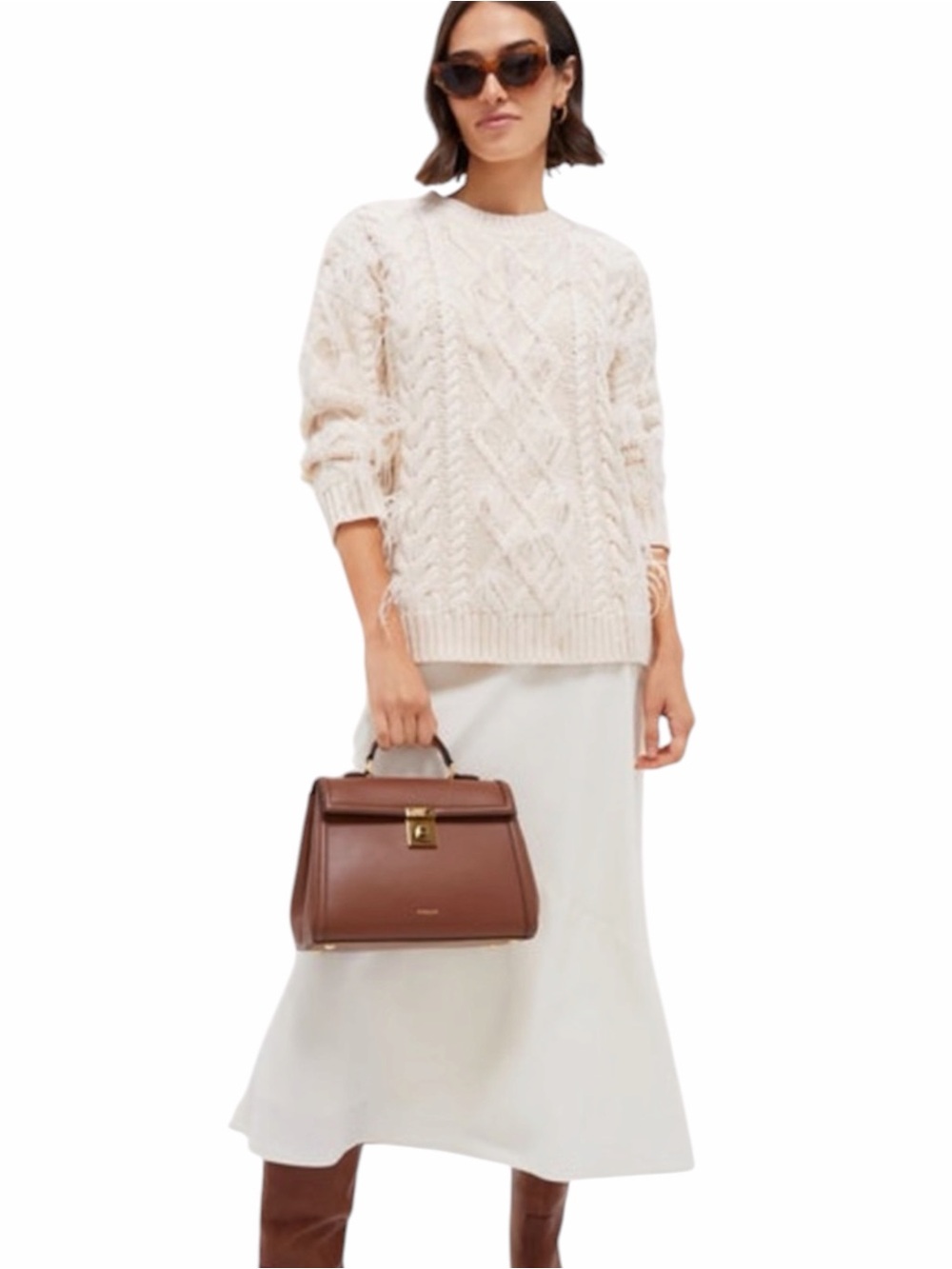 Hyacinth House Talulah Feather Cable Knit Sweater Cream Ivory S